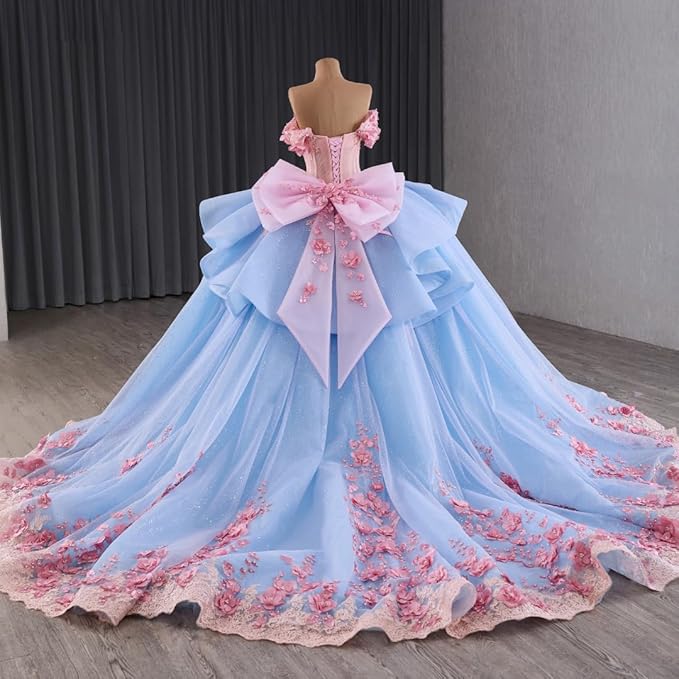 Sunnypetal Blue & Pink Off-Shoulder Flower Girl Ball Gown with 3D Floral Appliques