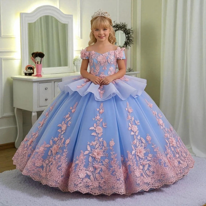 Sunnypetal Blue Princess Floral Embroidery Flower Girl Dress