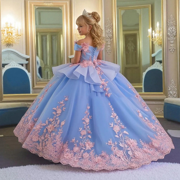 Sunnypetal Blue Princess Floral Embroidery Flower Girl Dress