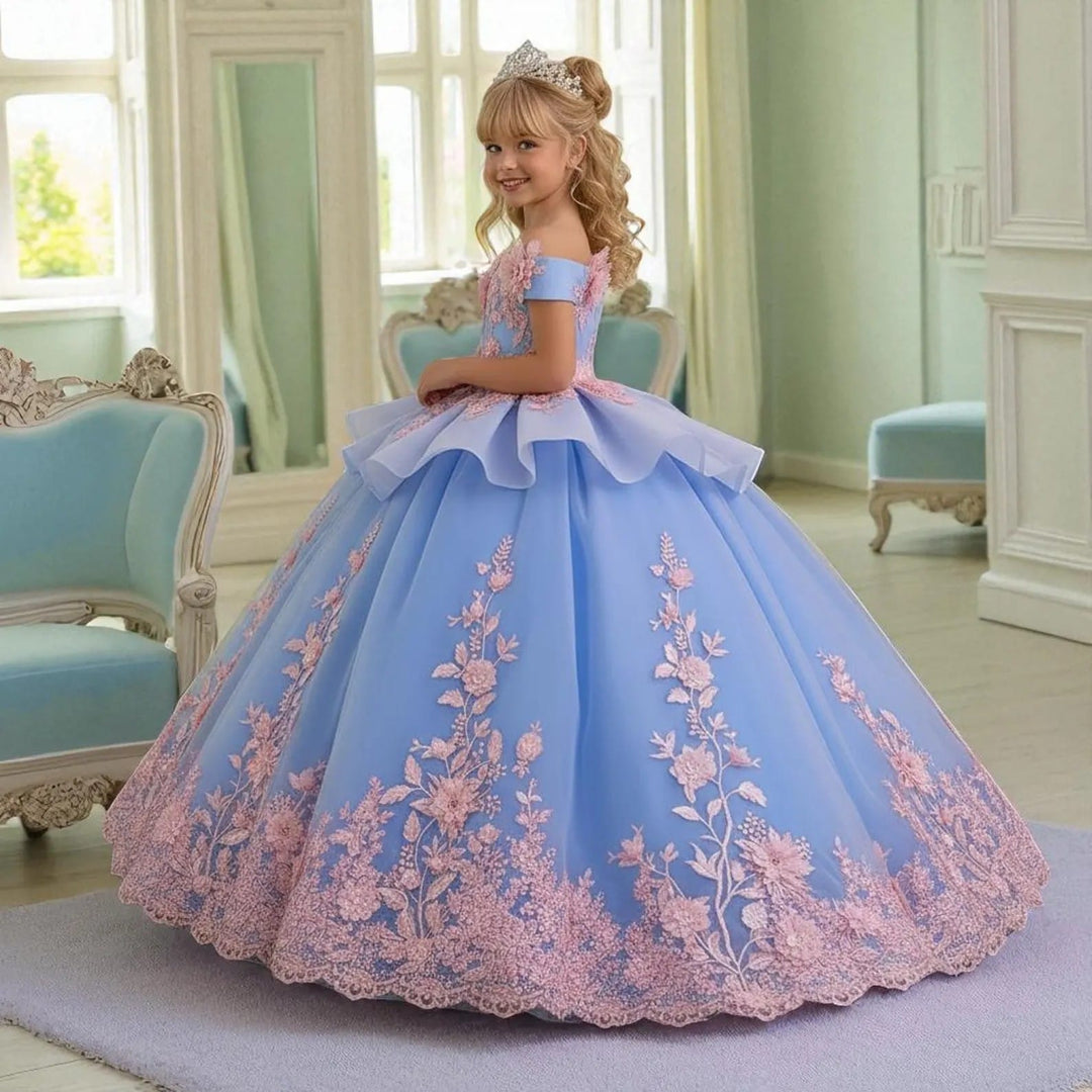 Sunnypetal Blue Princess Floral Embroidery Flower Girl Dress