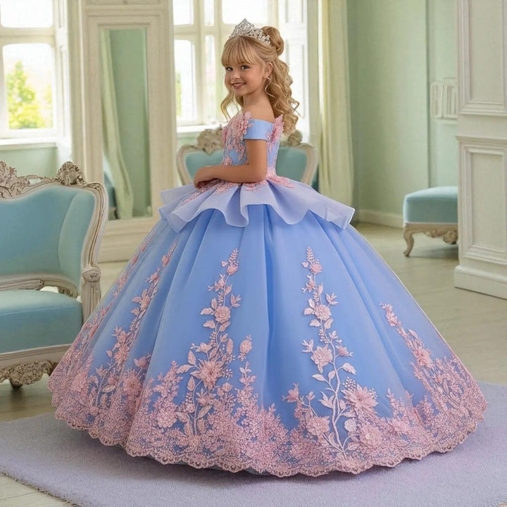 Sunnypetal Blue Princess Floral Embroidery Flower Girl Dress