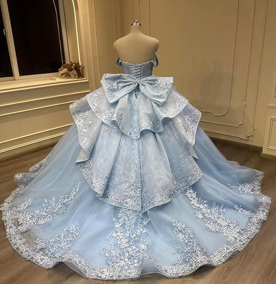 Sunnypetal Blue Princess Pageant Gown with Layered Tulle & Embroidered Lace Details