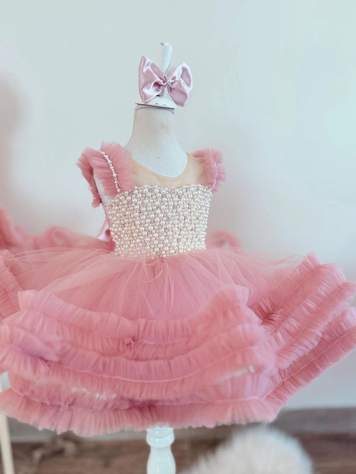 Sunnypetal Blush Pearls Tulle Baby Girls Toddler Birthday Dress