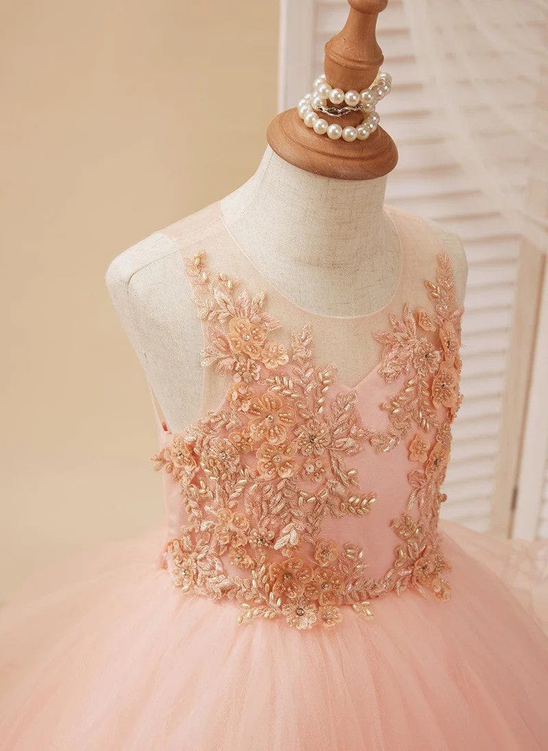 Sunnypetal Blush Pink 3D Floral Tulle Ball Gown for Flower Girls