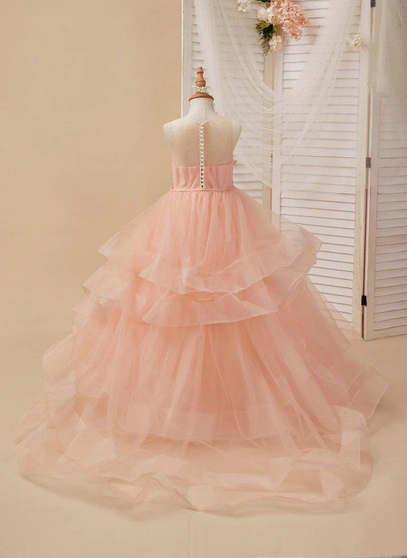Sunnypetal Blush Pink 3D Floral Tulle Ball Gown for Flower Girls