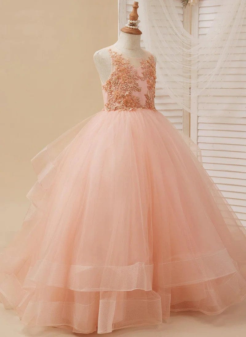 Sunnypetal Blush Pink 3D Floral Tulle Ball Gown for Flower Girls