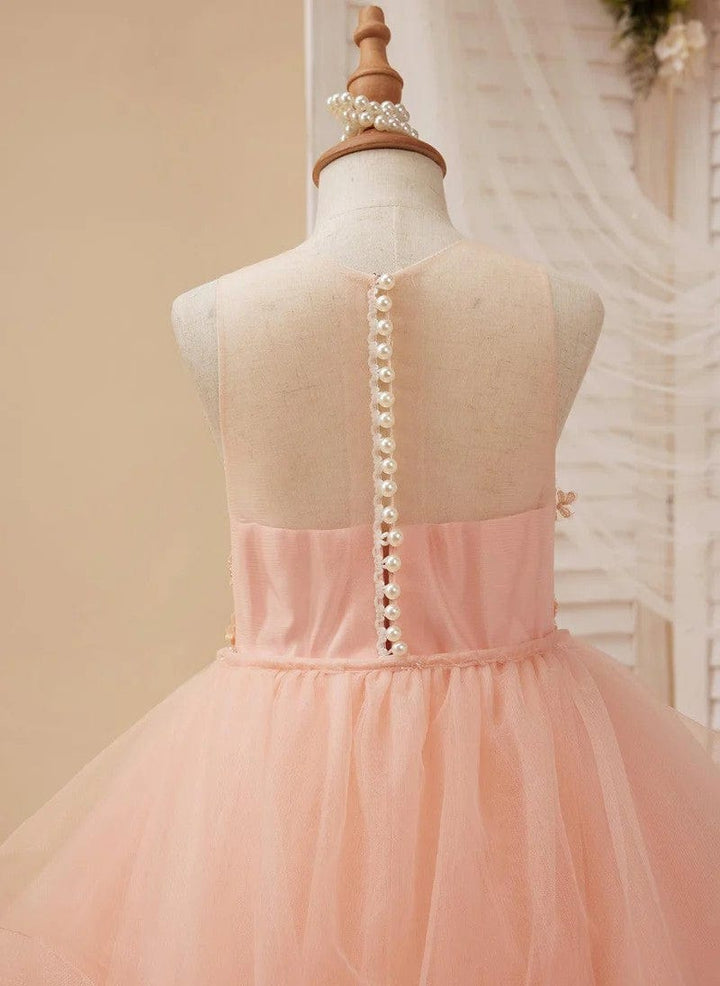 Sunnypetal Blush Pink 3D Floral Tulle Ball Gown for Flower Girls