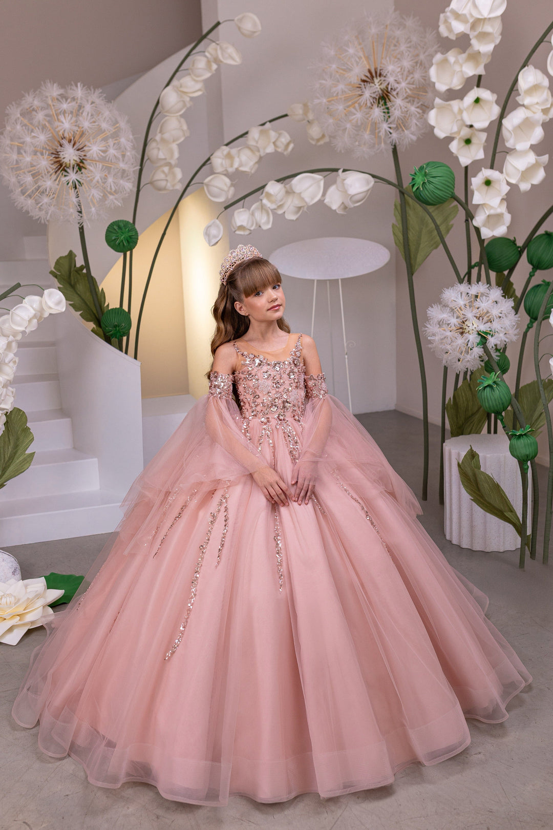 Sunnypetal Blush Pink Beaded Tulle Flower Girl Ball Gown with Off-Shoulder Sleeves