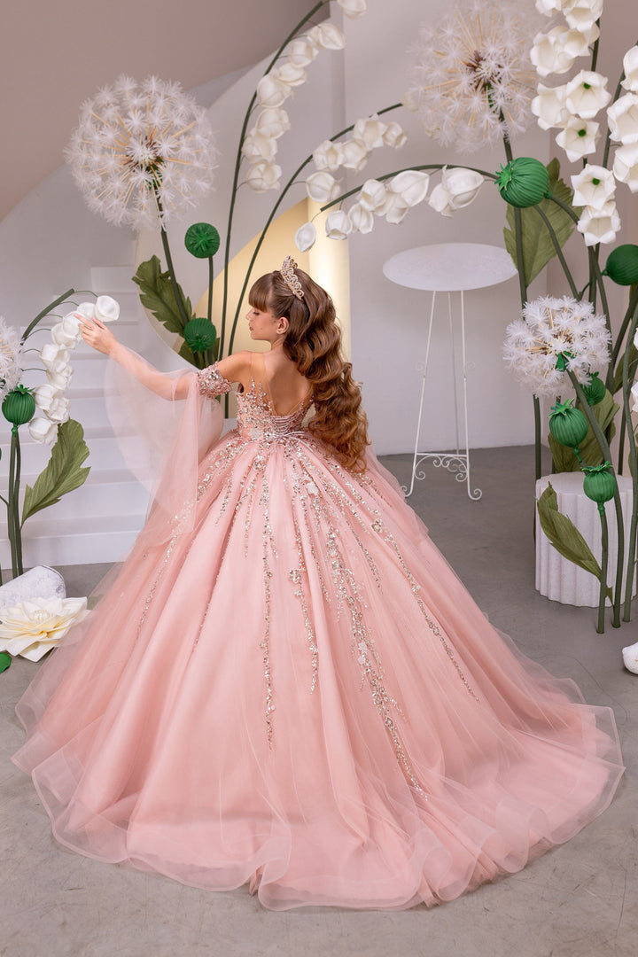 Sunnypetal Blush Pink Beaded Tulle Flower Girl Ball Gown with Off-Shoulder Sleeves