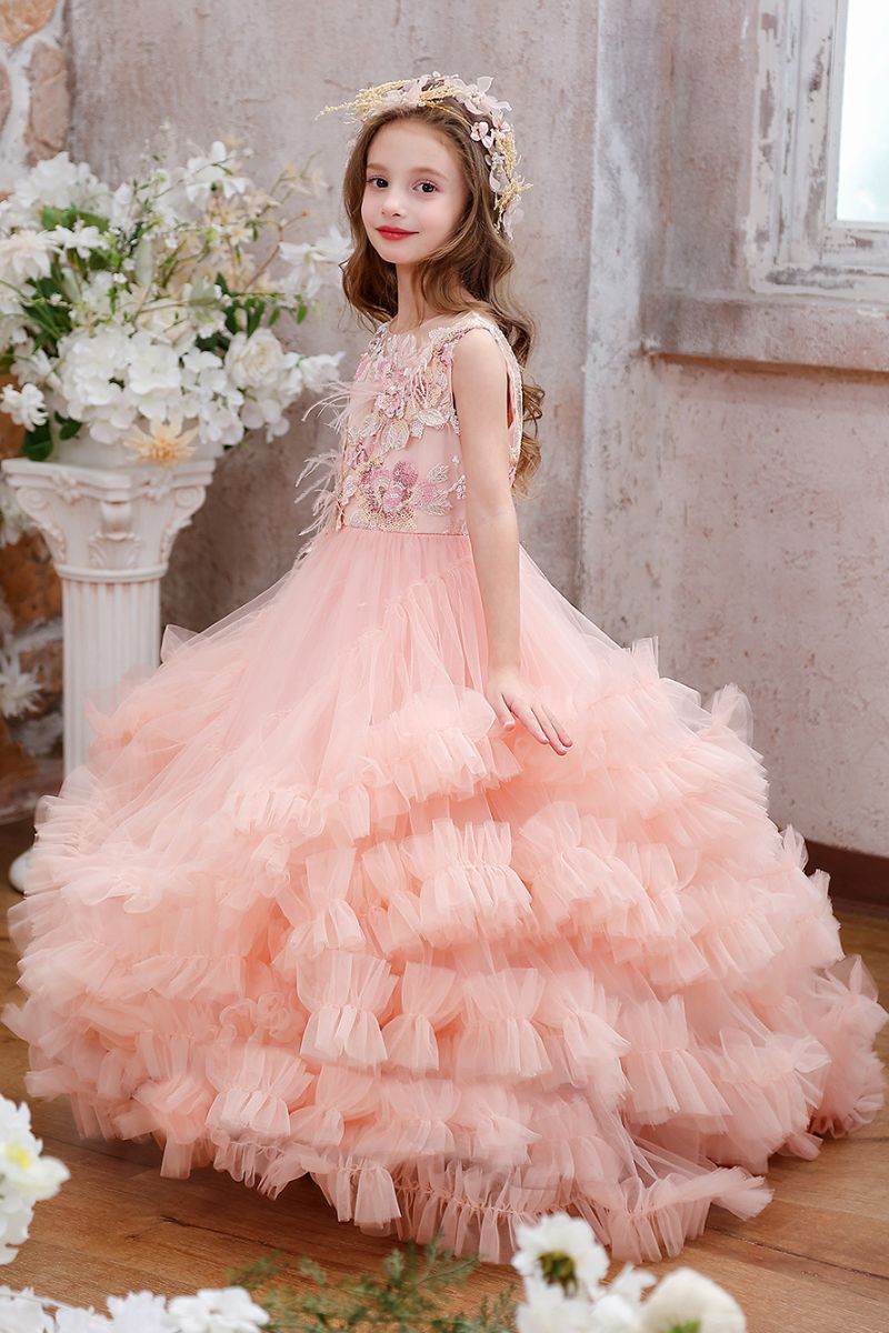 Sunnypetal Blush Pink Floral Appliqué Tulle Ball Gown Flower Girl Dress with Ruffle Layers