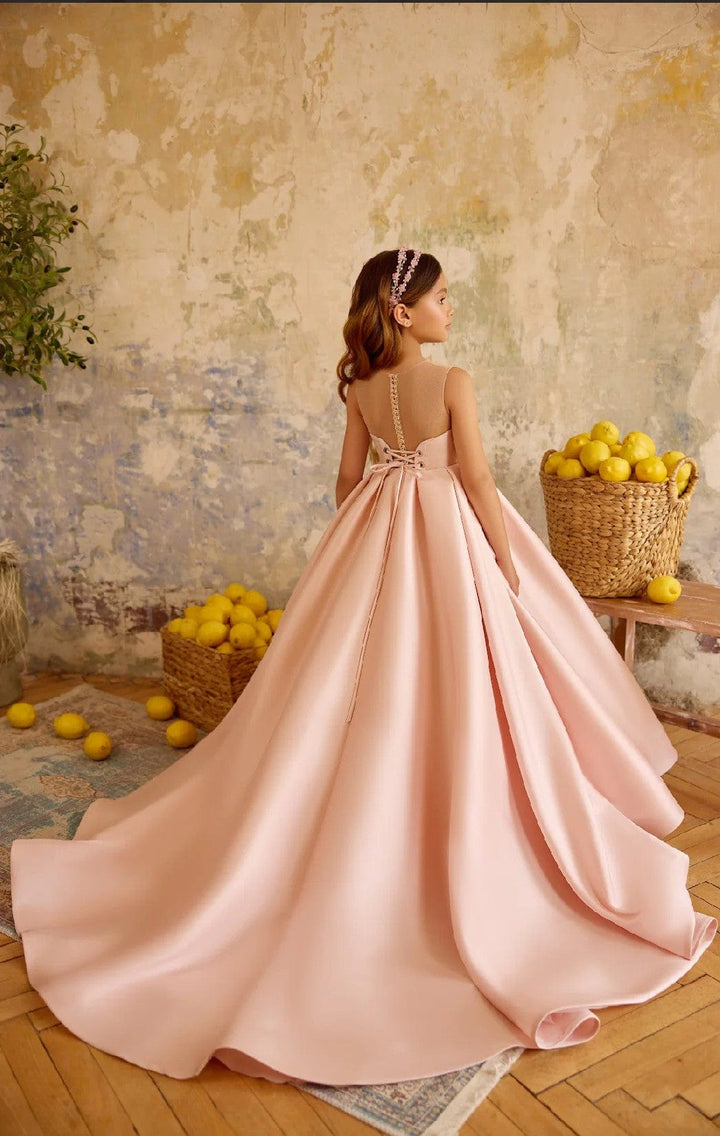 Sunnypetal Blush Pink Satin Princess Gown with Bow Bodice and Illusion Neckline