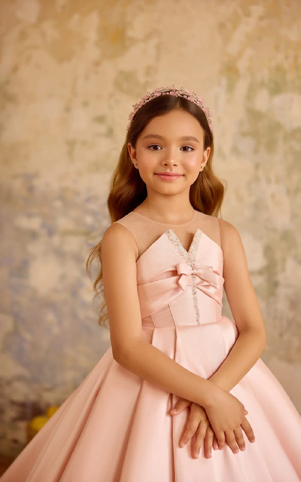 Sunnypetal Blush Pink Satin Princess Gown with Bow Bodice and Illusion Neckline