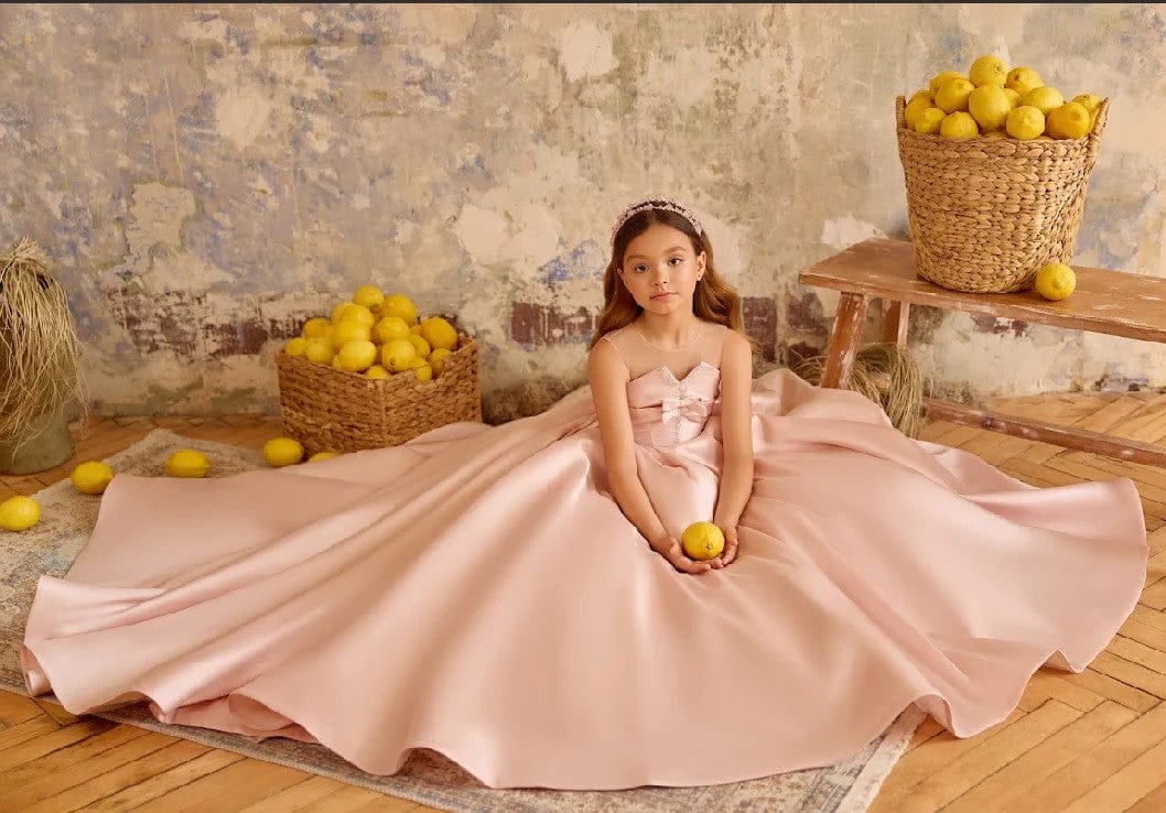 Sunnypetal Blush Pink Satin Princess Gown with Bow Bodice and Illusion Neckline