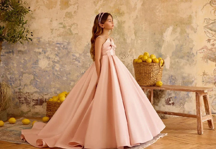 Sunnypetal Blush Pink Satin Princess Gown with Bow Bodice and Illusion Neckline