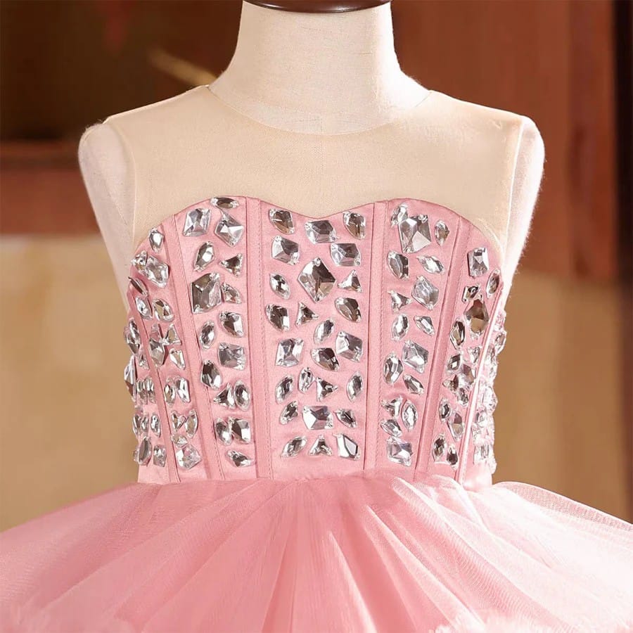 SunnyPetal Blush Pink Sparkling Crystal Bodice Ruffle Tulle Princess Party Dress