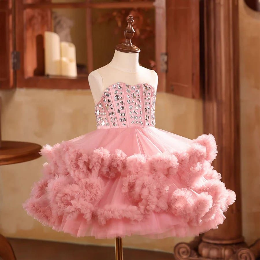 SunnyPetal Blush Pink Sparkling Crystal Bodice Ruffle Tulle Princess Party Dress