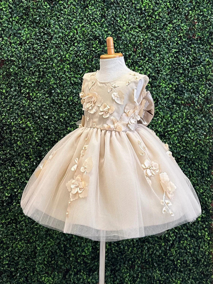 Sunnypetal Champagne 3D Floral Tulle Knee Length Flower Girl Dress with Satin Bow