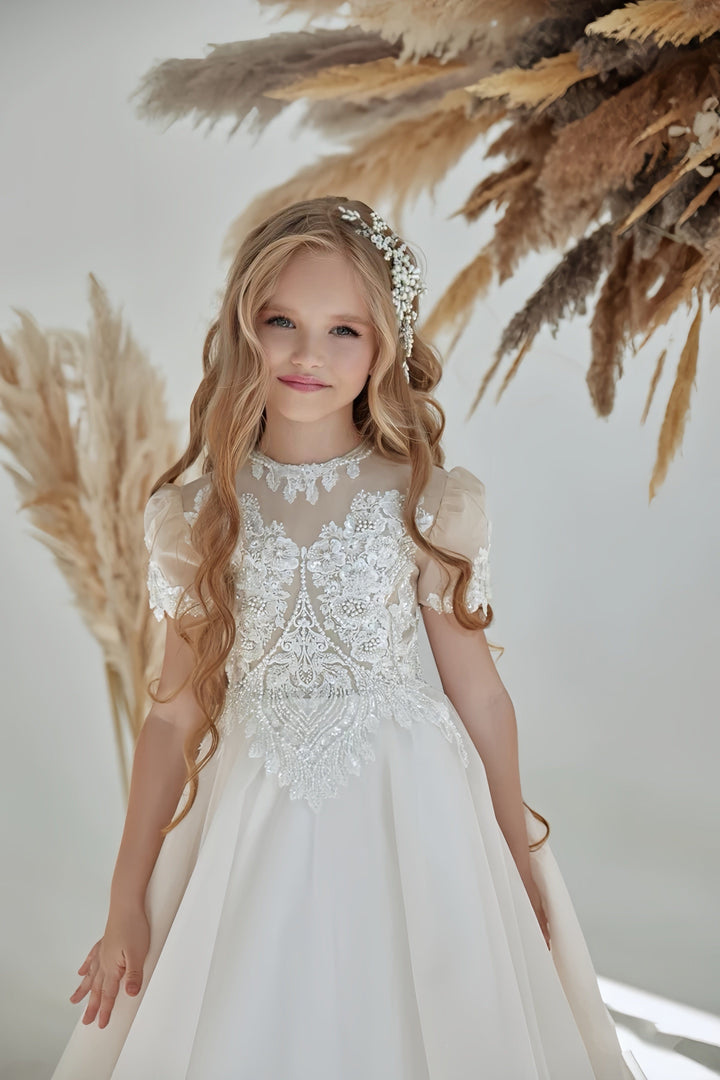 Sunnypetal Champagne Floral Appliques A-Line Glitter Tulle Flower Girl Dress