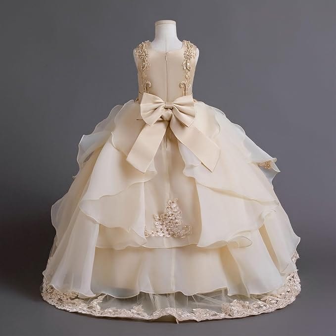 Sunnypetal Champagne Lace Layered Tulle Pageant Party Long Prom Ball Gown