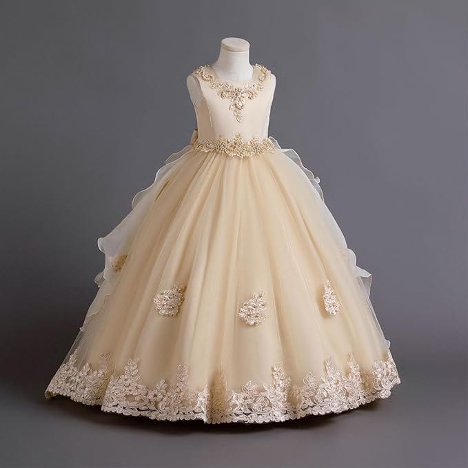 Sunnypetal Champagne Lace Layered Tulle Pageant Party Long Prom Ball Gown