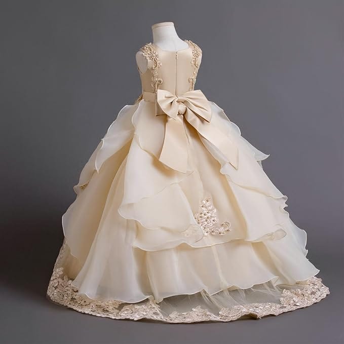 Sunnypetal Champagne Lace Layered Tulle Pageant Party Long Prom Ball Gown