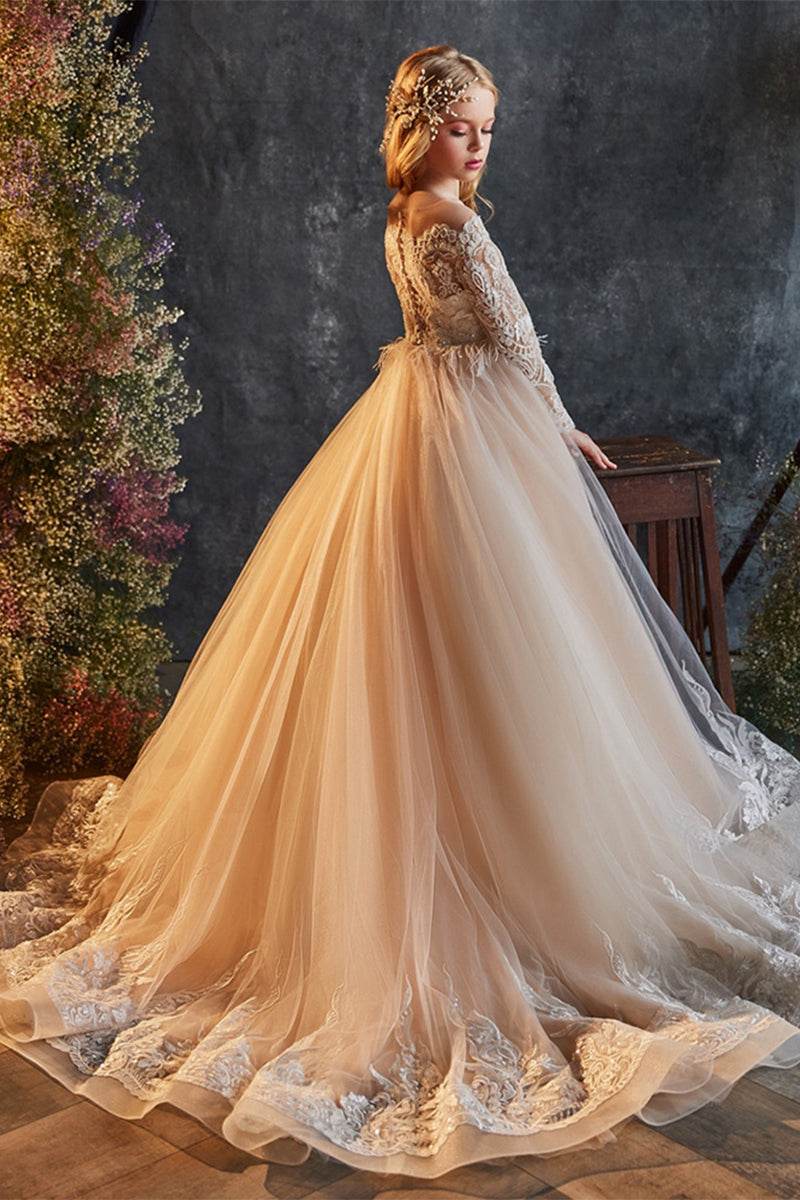 Sunnypetal Champagne Lace Long-Sleeve Princess Ball Gown with Embroidered Hem