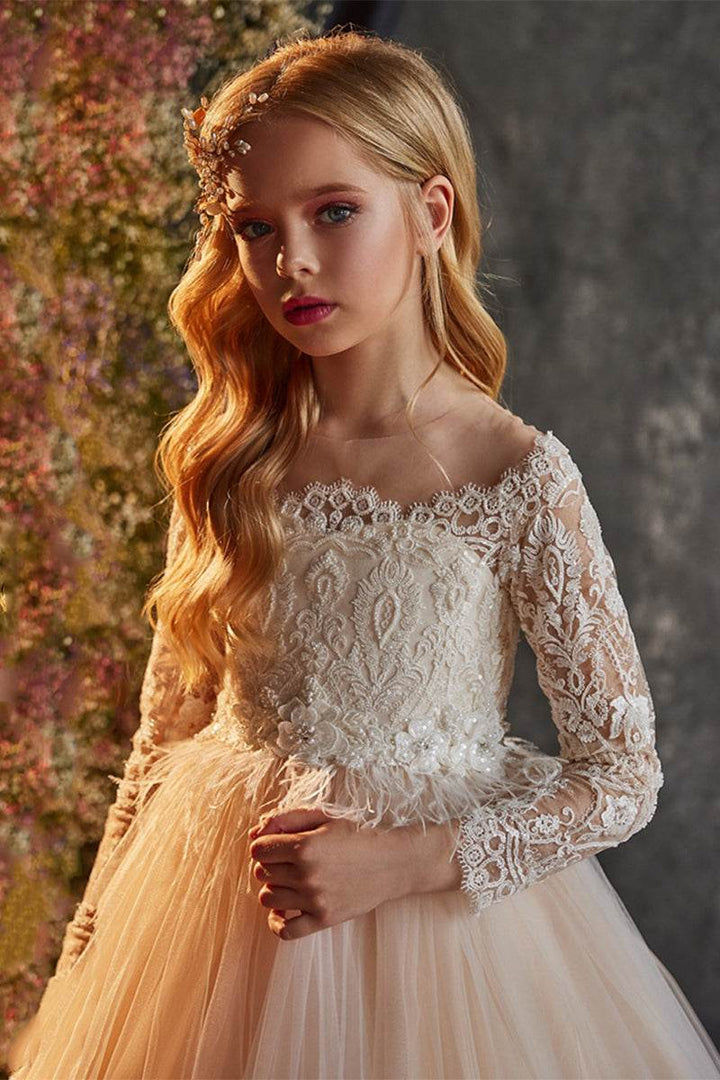 Sunnypetal Champagne Lace Long-Sleeve Princess Ball Gown with Embroidered Hem