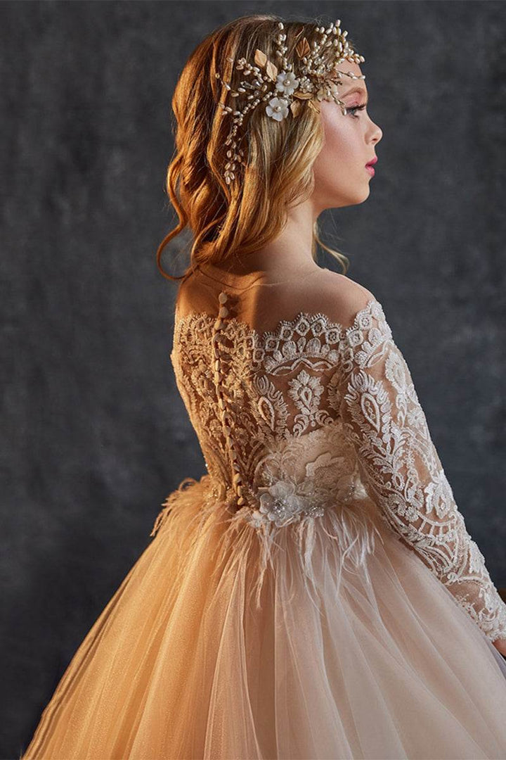 Sunnypetal Champagne Lace Long-Sleeve Princess Ball Gown with Embroidered Hem
