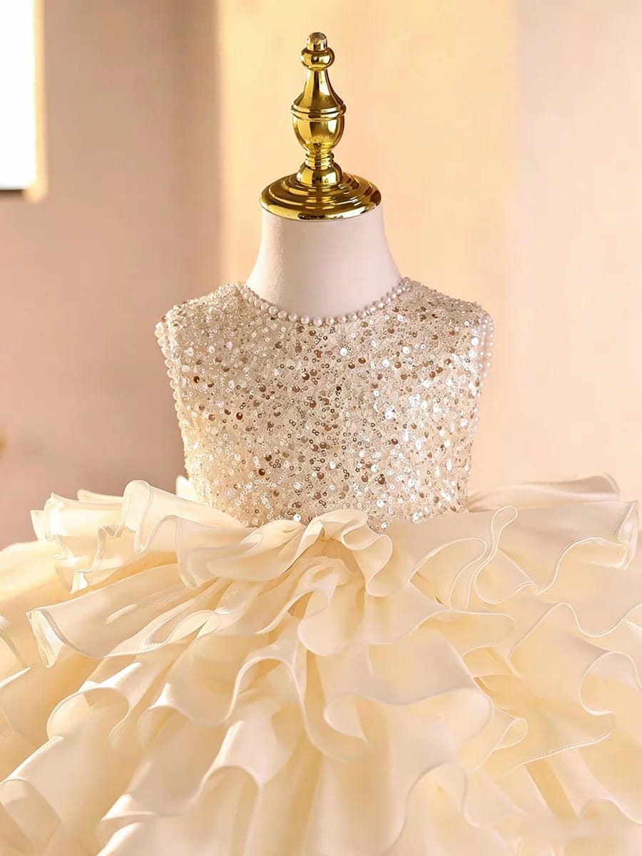 Sunnypetal Champagne Princess Flower Girl Gown with Sparkling Sequins and Ruffle Tulle