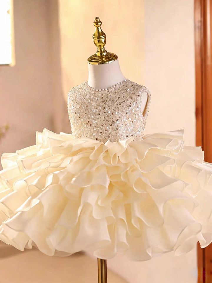 Sunnypetal Champagne Princess Flower Girl Gown with Sparkling Sequins and Ruffle Tulle