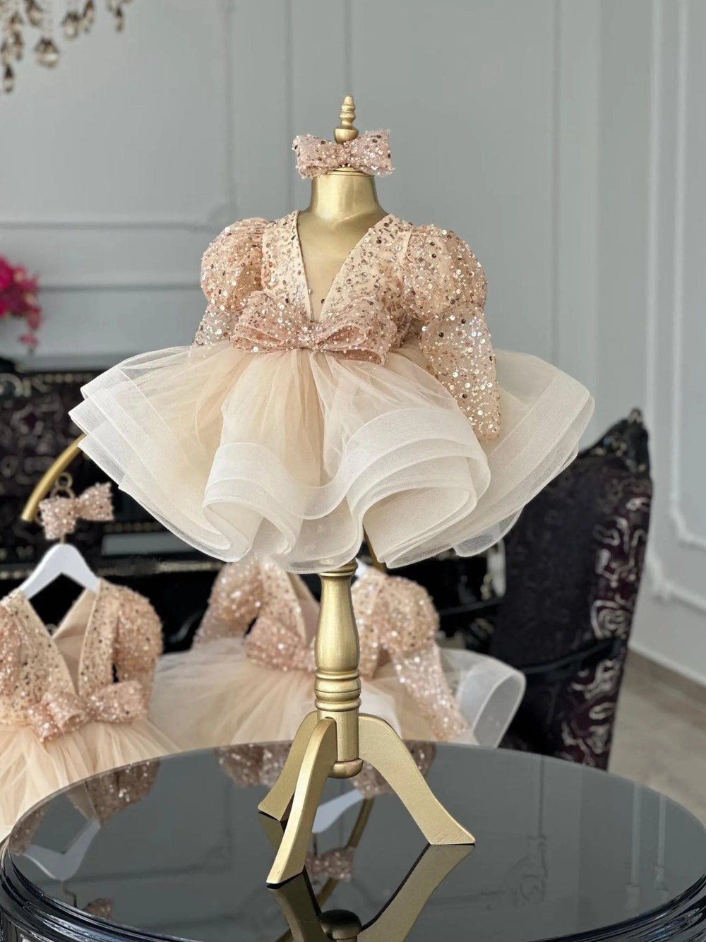 Sunnypetal Champagne Sparkling Sequin Knee-Length Tulle Dress for Toddler Girls
