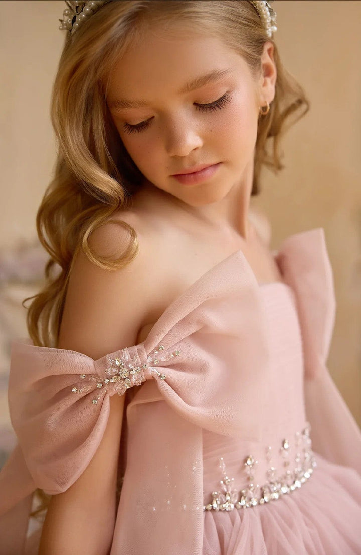 Sunnypetal Charming Pink Layered Tulle Birthday Dress with Shoulder Bows
