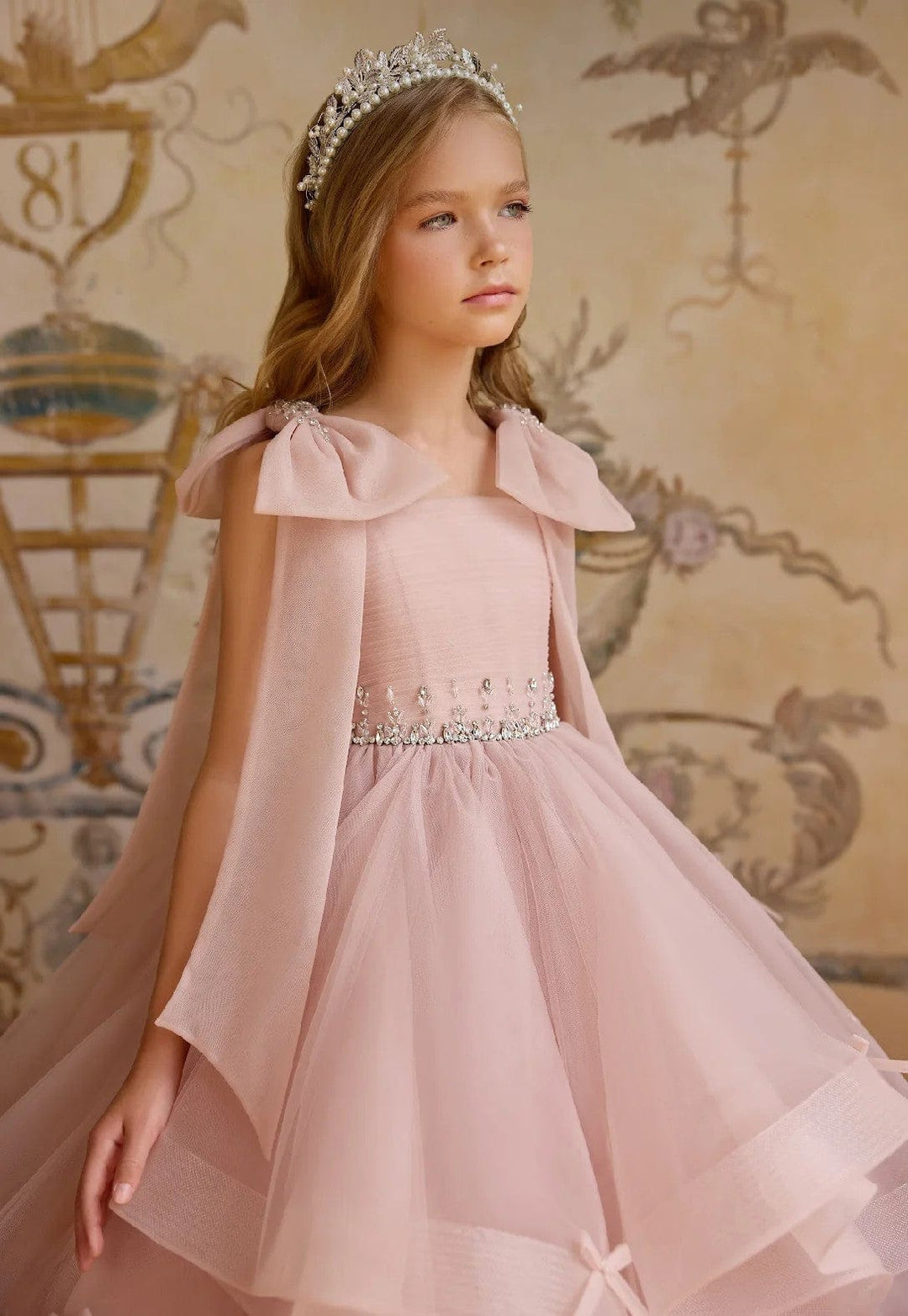 Sunnypetal Charming Pink Layered Tulle Birthday Dress with Shoulder Bows