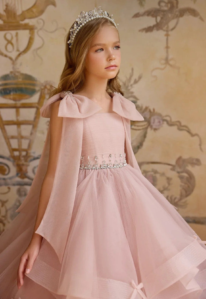 Sunnypetal Charming Pink Layered Tulle Birthday Dress with Shoulder Bows