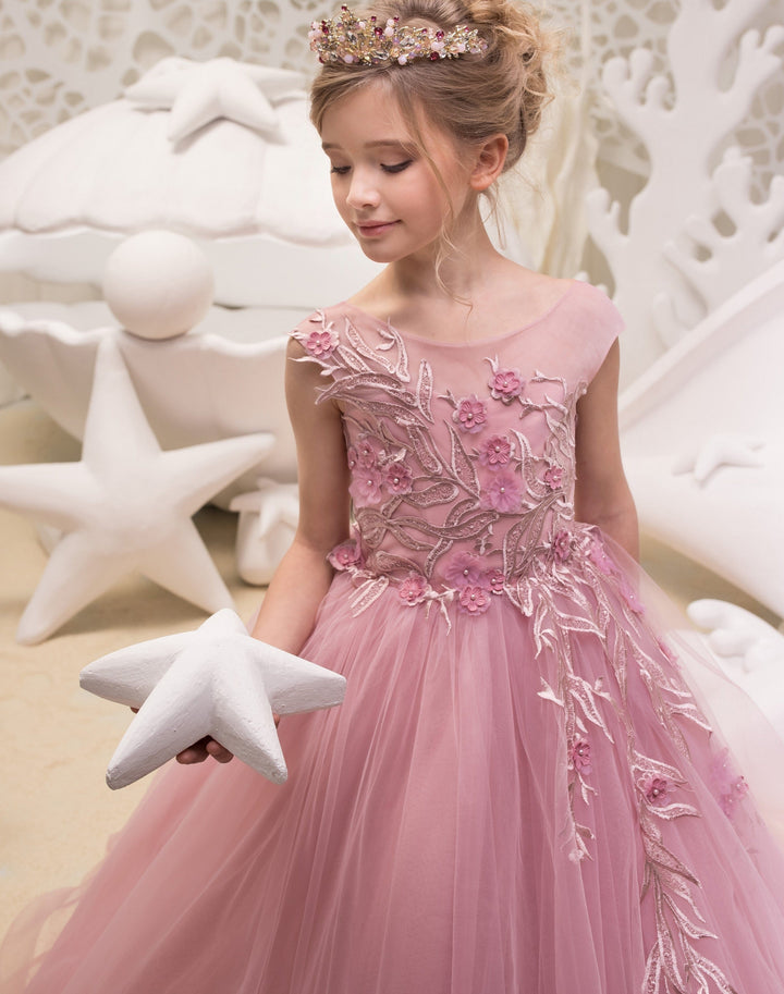 Sunnypetal Charming Rose Pink Ball Gown 3D Floral Tulle Ruffles Flower Girl Dresses With Beading