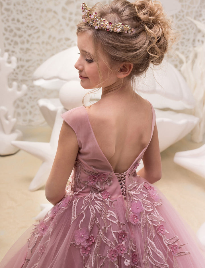 Sunnypetal Charming Rose Pink Ball Gown 3D Floral Tulle Ruffles Flower Girl Dresses With Beading
