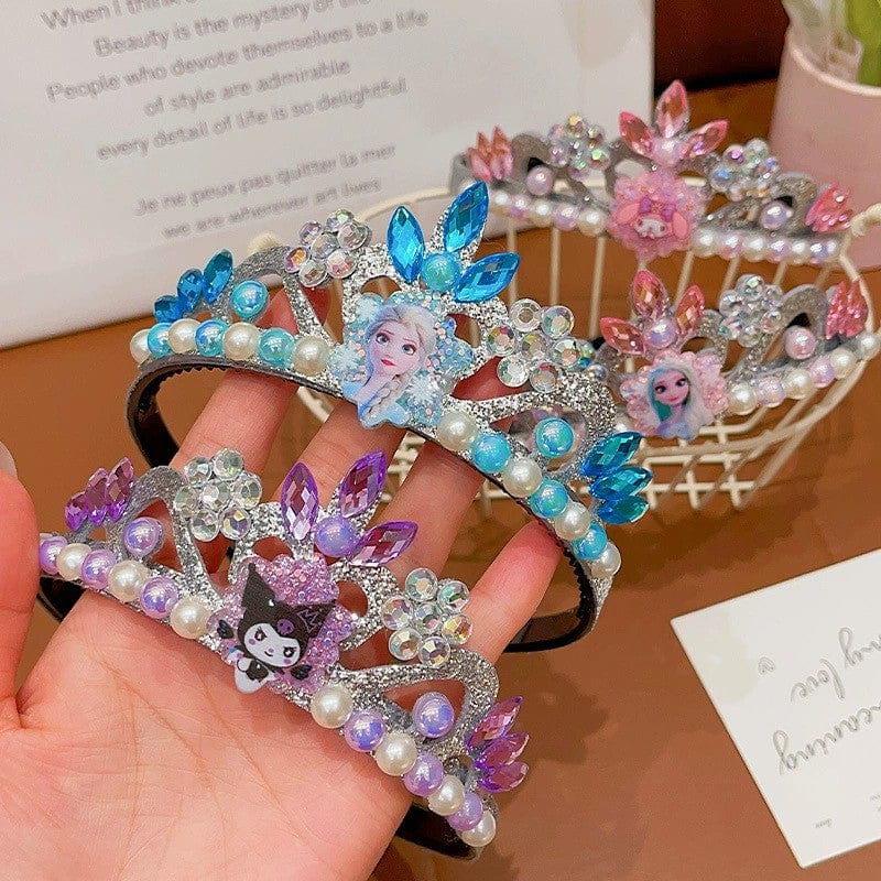Sunnypetal Children's Cartoon Princess Crown for Girls Crystal Pearl Headband Hair Accessories