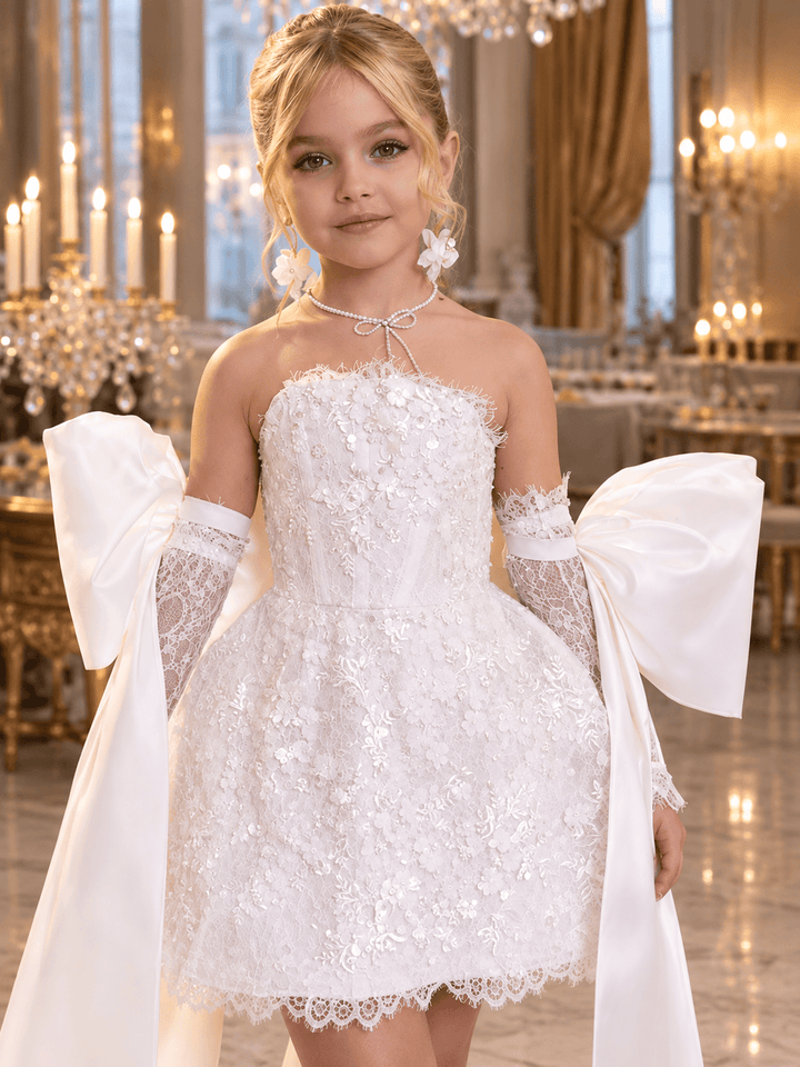 Sunnypetal Dreamy Light Blue Lace Flower Girl Dress with Oversized Bows for Special Occasions