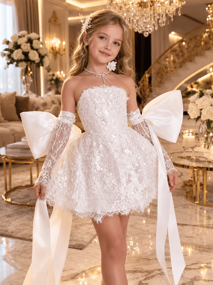 Sunnypetal Dreamy Light Blue Lace Flower Girl Dress with Oversized Bows for Special Occasions