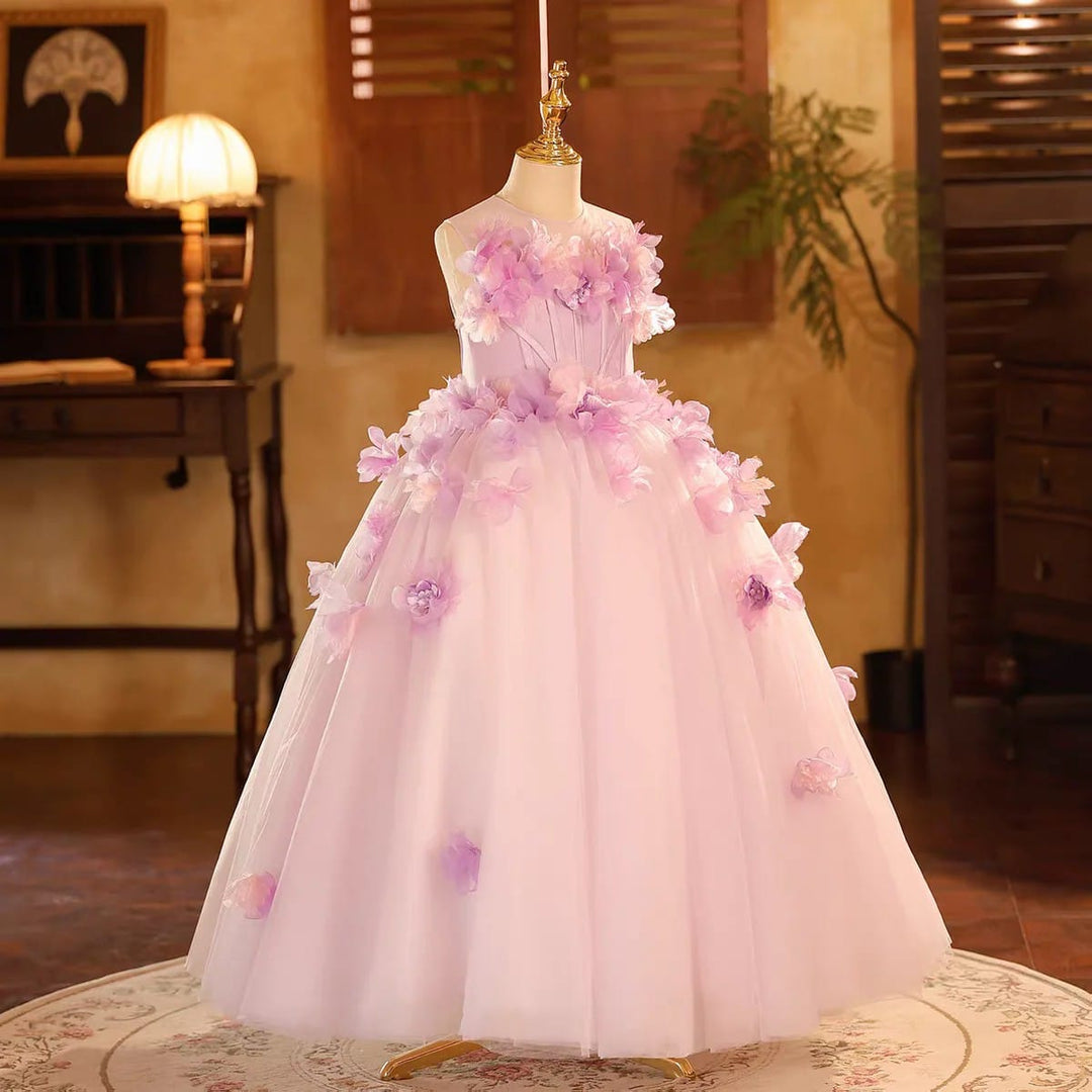 SunnyPetal Dreamy Lilac 3D Floral Tulle Flower Girl Dress for Weddings &amp; Birthdays