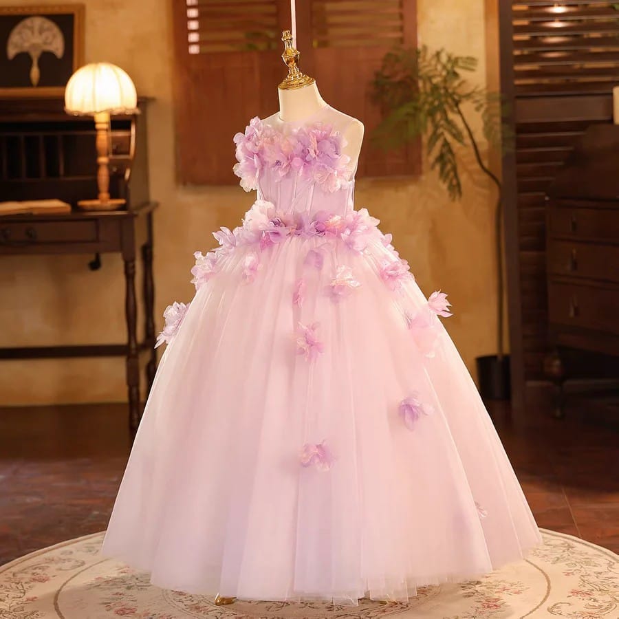 SunnyPetal Dreamy Lilac 3D Floral Tulle Flower Girl Dress for Weddings &amp; Birthdays