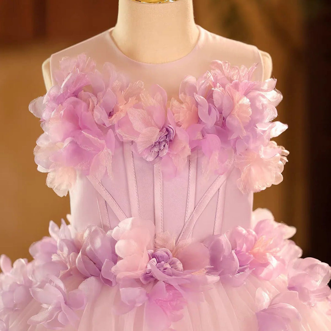 SunnyPetal Dreamy Lilac 3D Floral Tulle Flower Girl Dress for Weddings &amp; Birthdays