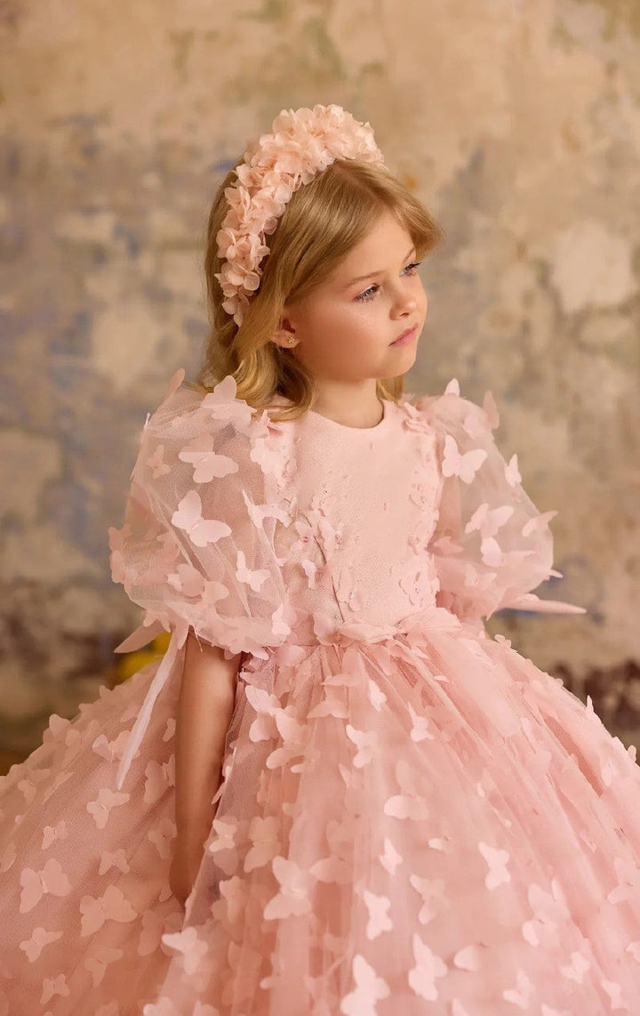 Sunnypetal Dreamy Pink Tulle 3D Butterfly Birthday Pageant Flower Girl Gown