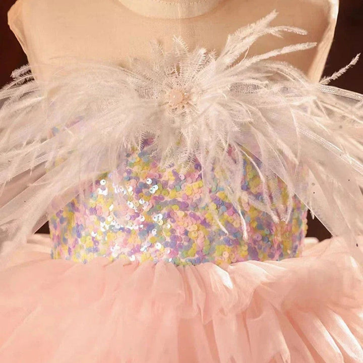 Sunnypetal Dreamy Rainbow Layered Tulle Ball Gown with Feather Details