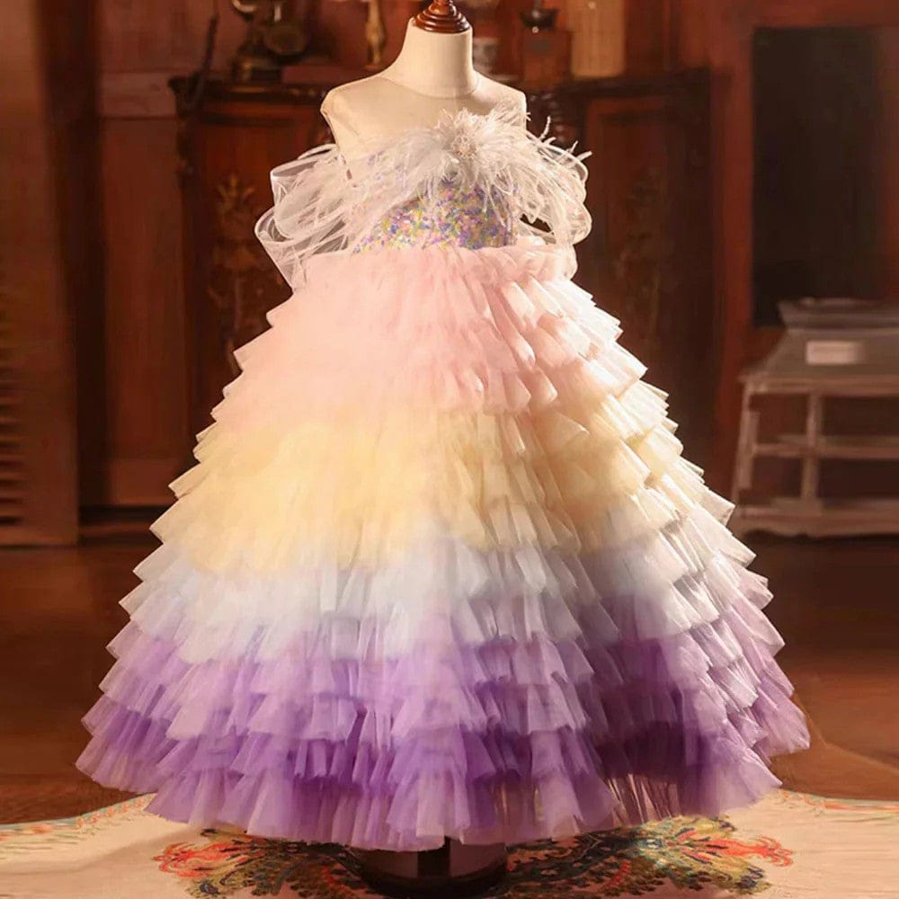 Sunnypetal Dreamy Rainbow Layered Tulle Ball Gown with Feather Details