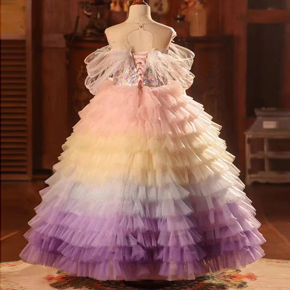 Sunnypetal Dreamy Rainbow Layered Tulle Ball Gown with Feather Details