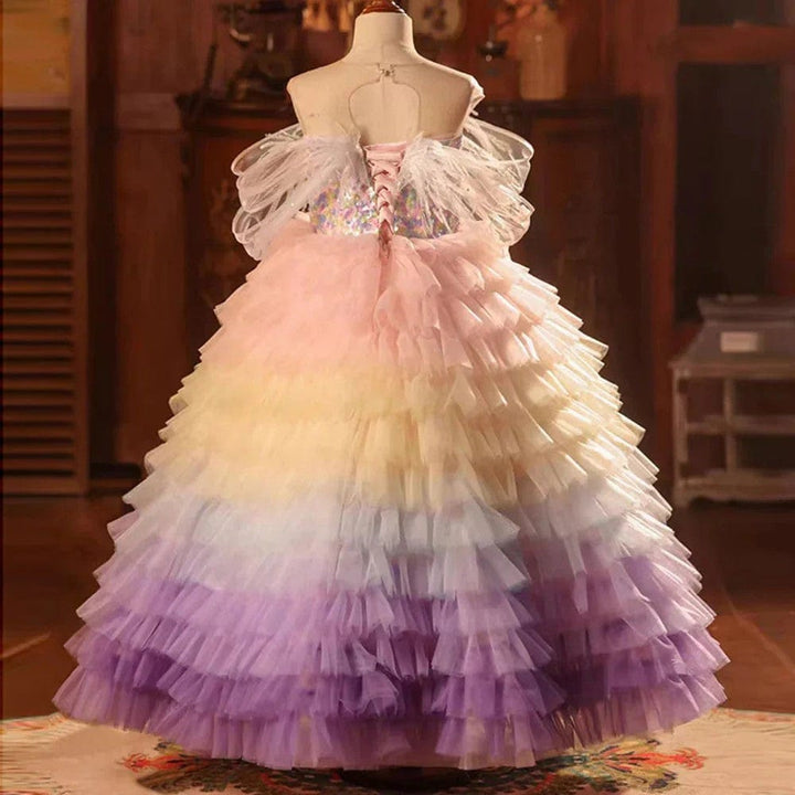 Sunnypetal Dreamy Rainbow Layered Tulle Ball Gown with Feather Details
