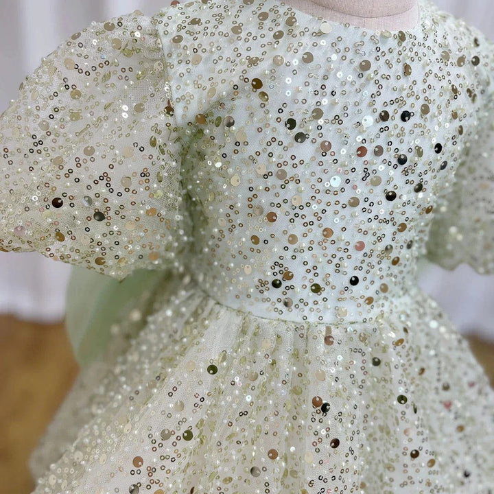 Sunnypetal Dreamy Sage Sequin Knee-Length Flower Girl Dresses with Bow