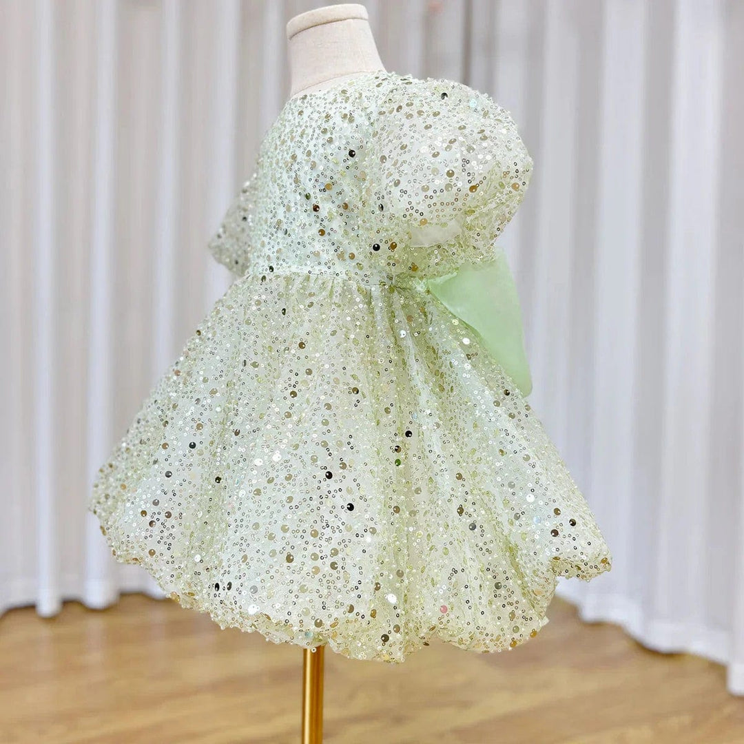 Sunnypetal Dreamy Sage Sequin Knee-Length Flower Girl Dresses with Bow