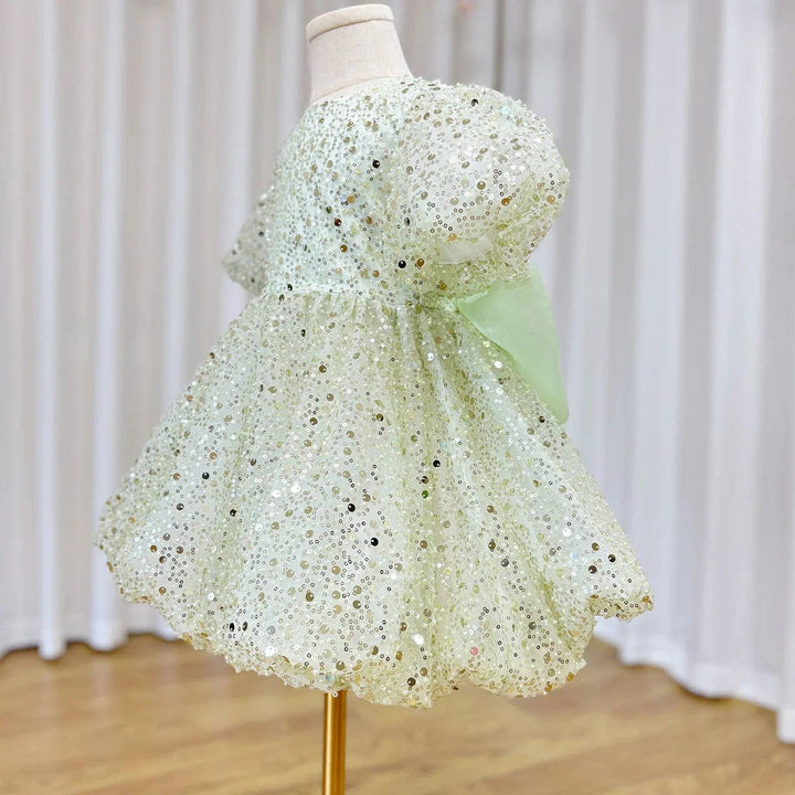 Sunnypetal Dreamy Sage Sequin Knee-Length Flower Girl Dresses with Bow
